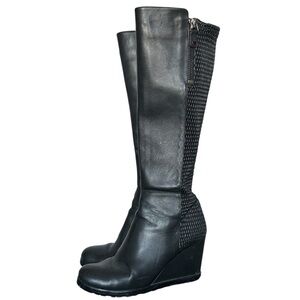 Y2K “Artica” Black Faux Leather Patterned Wedge Knee-High Boots